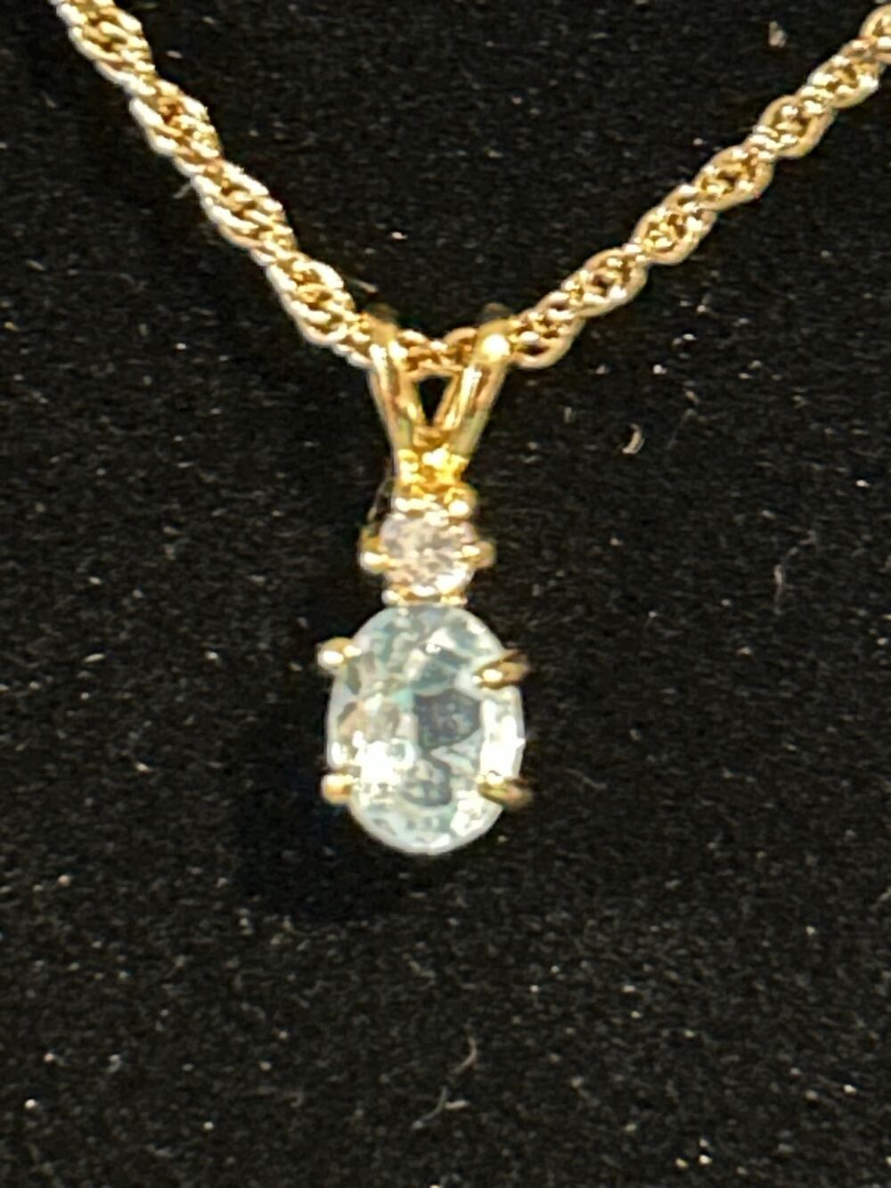 Gold Tone Blue Topaz Teardrop Pendant Necklace 18" Chain